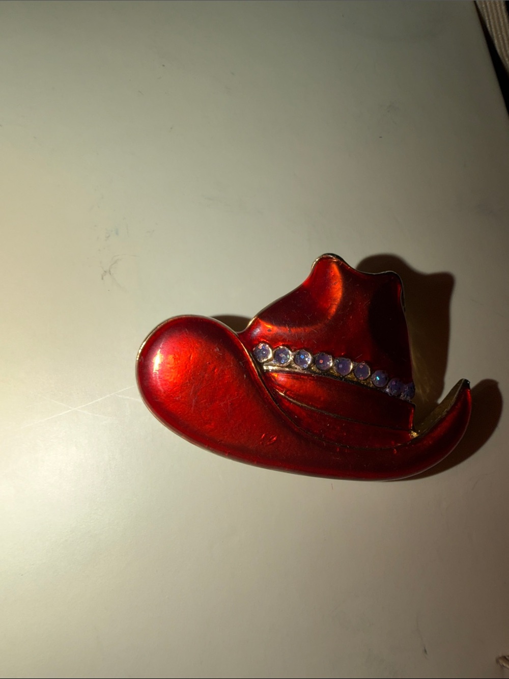 Source Unknown Red Rhinestone Cowboy Hat Brooch